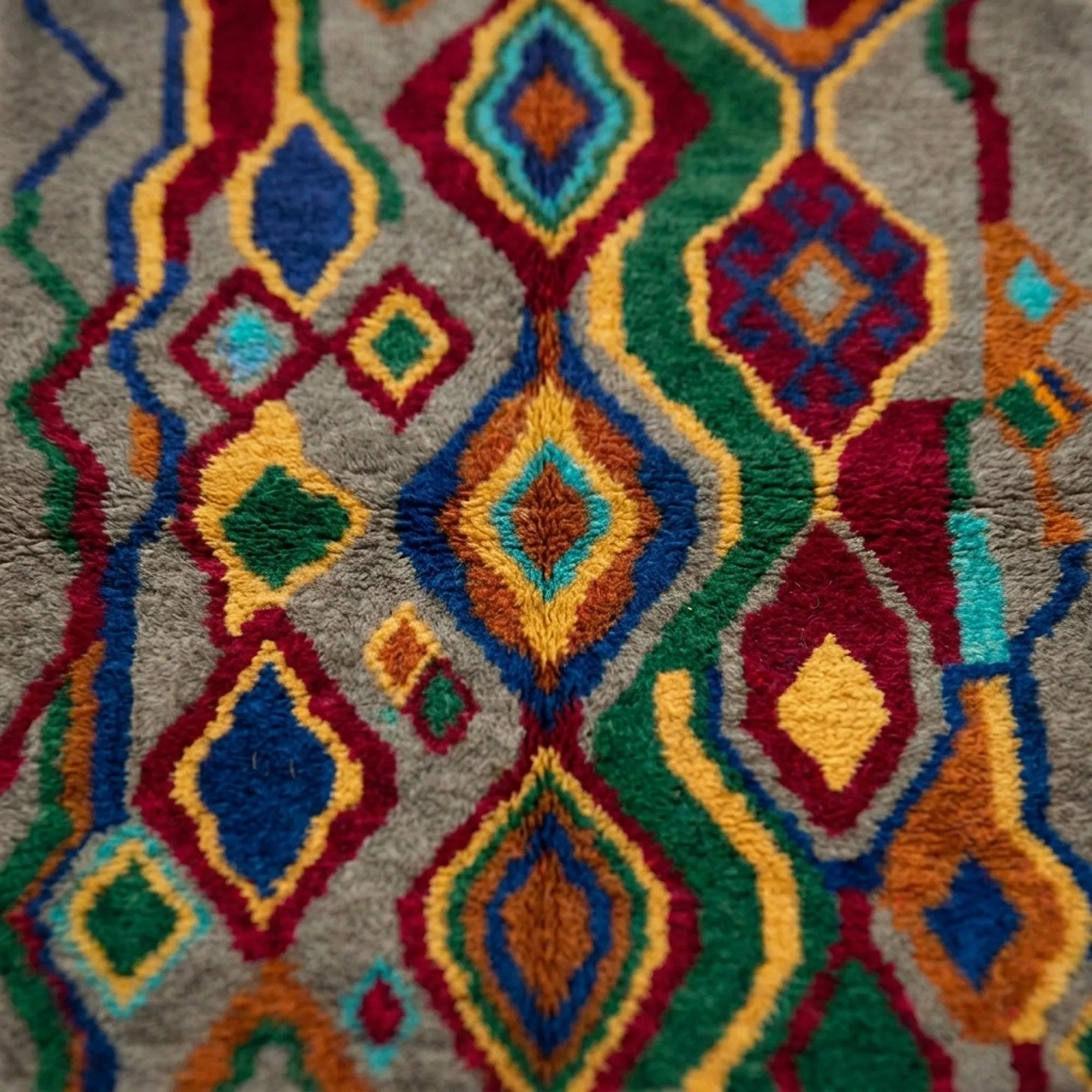 Pattern close-up of Tazallit showing layered diamonds, wavy lines and multicolor motifs across a gray wool ground