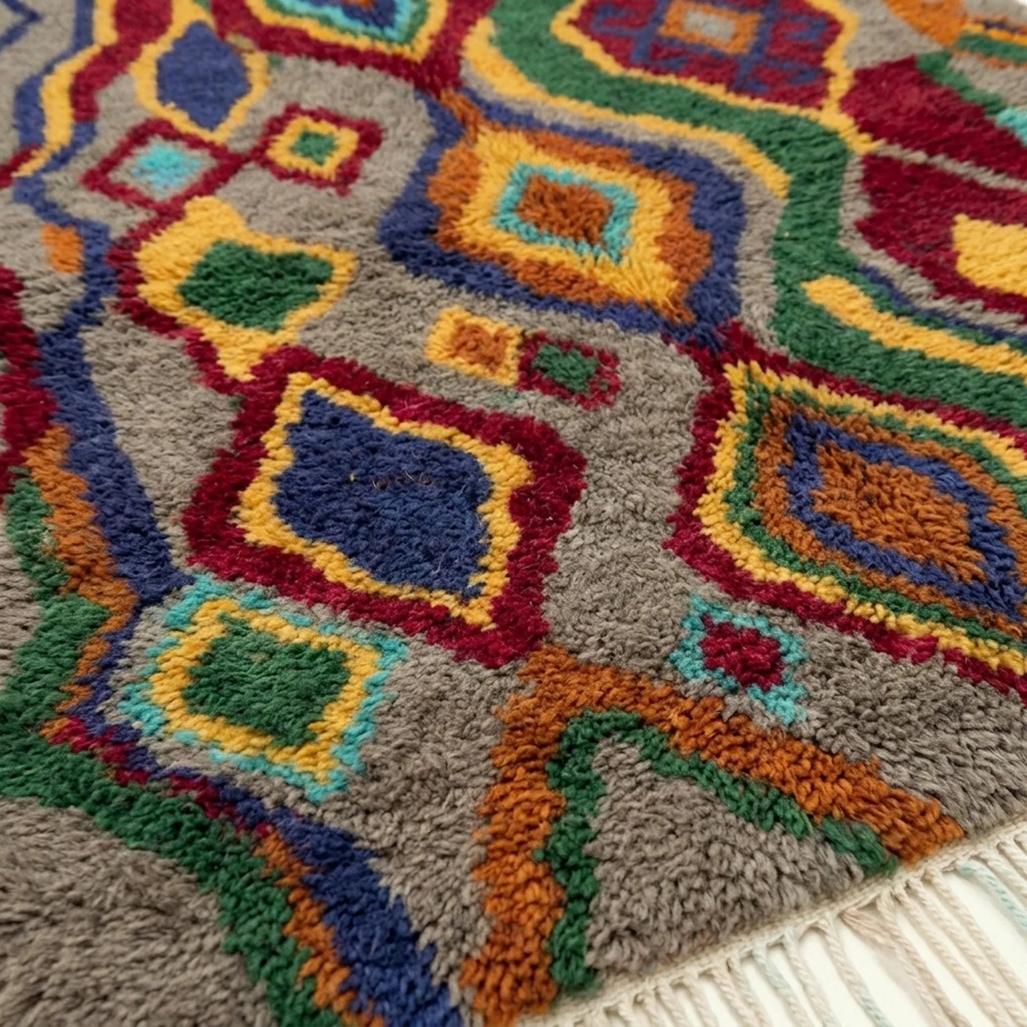Close-up of the Tazallit Boujaad rug showing plush gray wool with red, green, blue and ochre diamond motifs