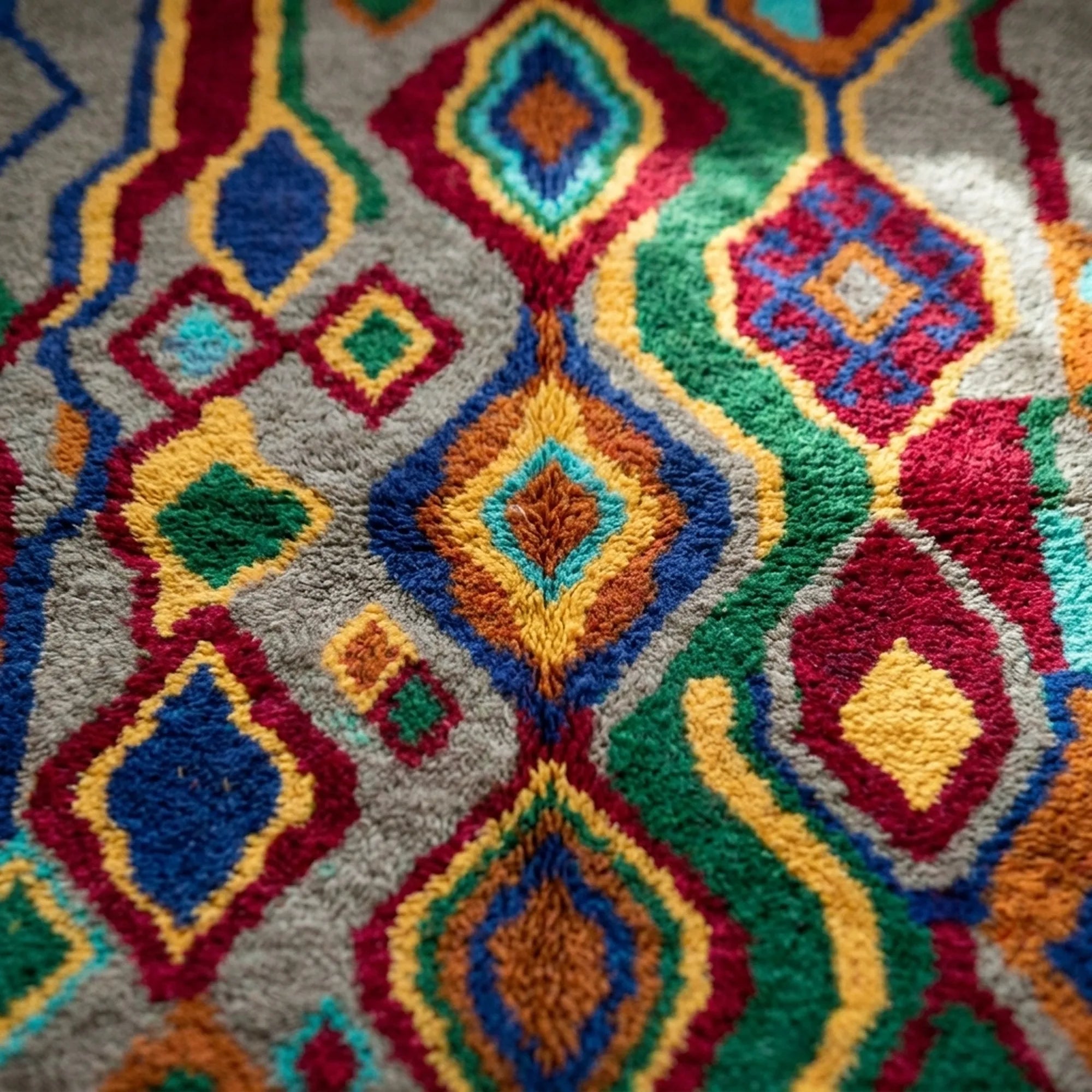 Diamond detail on Tazallit with red, blue, green and ochre shapes outlined against the gray hand-knotted pile