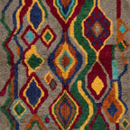 Fringe and lower-edge detail of the Tazallit Boujaad rug with layered multicolor diamond motifs