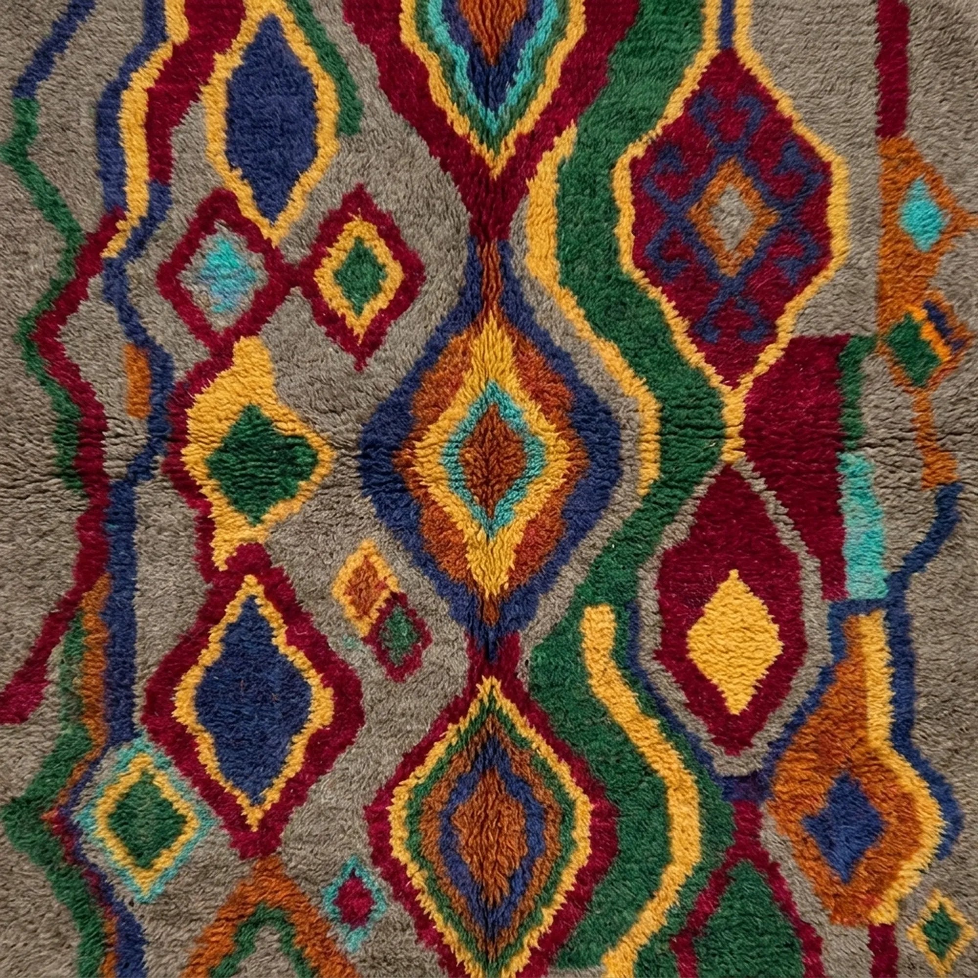 Fringe and lower-edge detail of the Tazallit Boujaad rug with layered multicolor diamond motifs