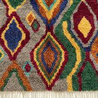 Detailed view of Tazallit showing colorful nested diamonds and flowing linear symbols in the plush wool surface