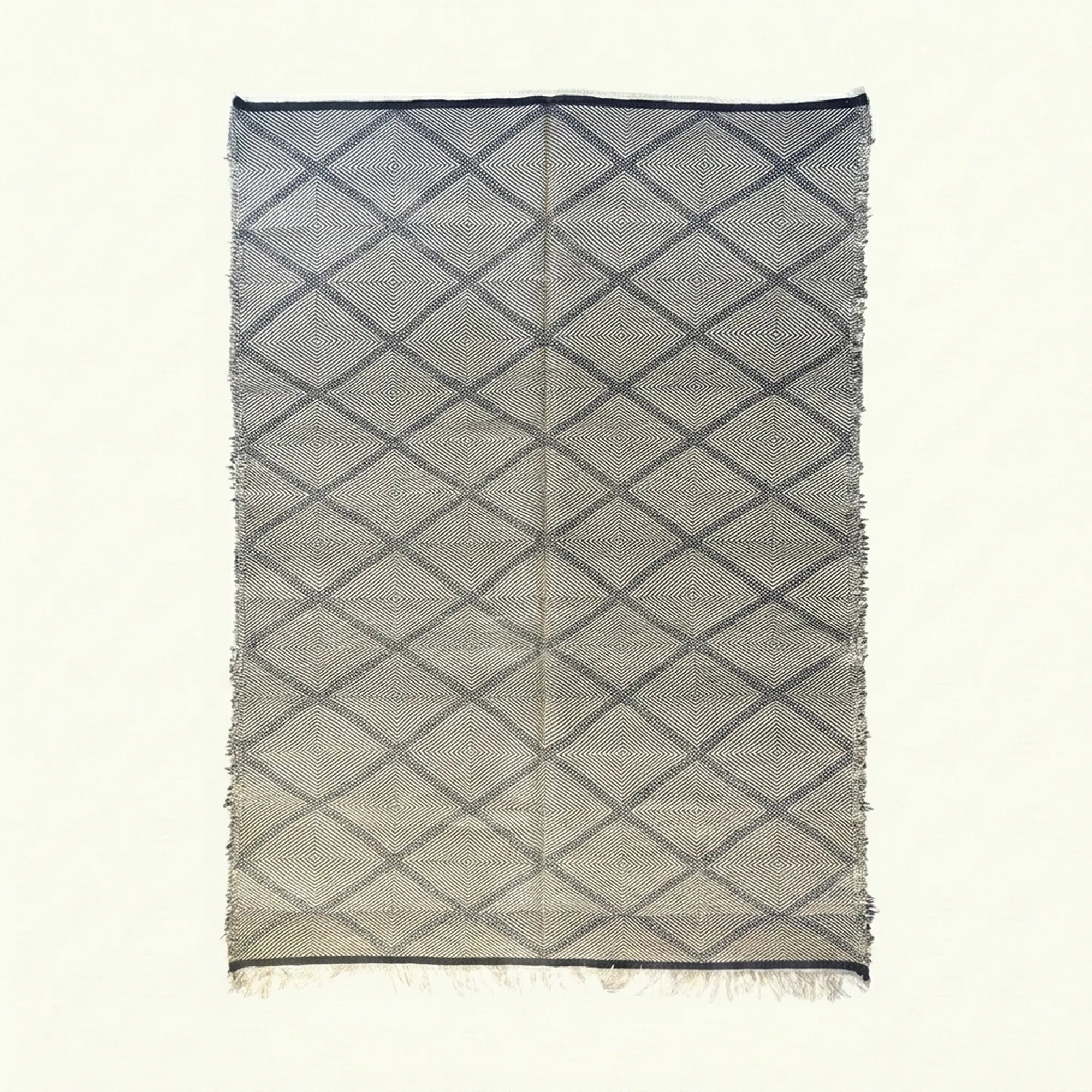 Gray and charcoal Zanafi kilim rug Azelmad with diamond lattice, full rug view