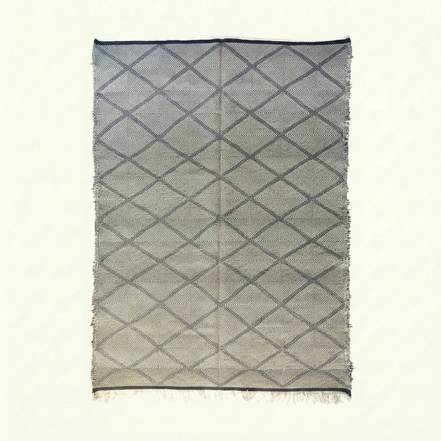 Gray and charcoal Zanafi kilim rug Azelmad with diamond lattice, full rug view