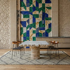 Gray and charcoal Zanafi kilim rug Azelmad with diamond lattice, styled living room view