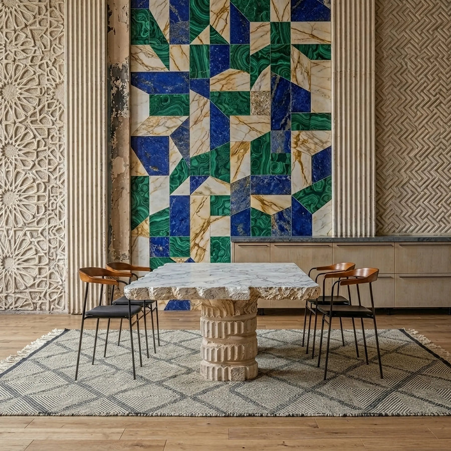 Gray and charcoal Zanafi kilim rug Azelmad with diamond lattice, styled living room view