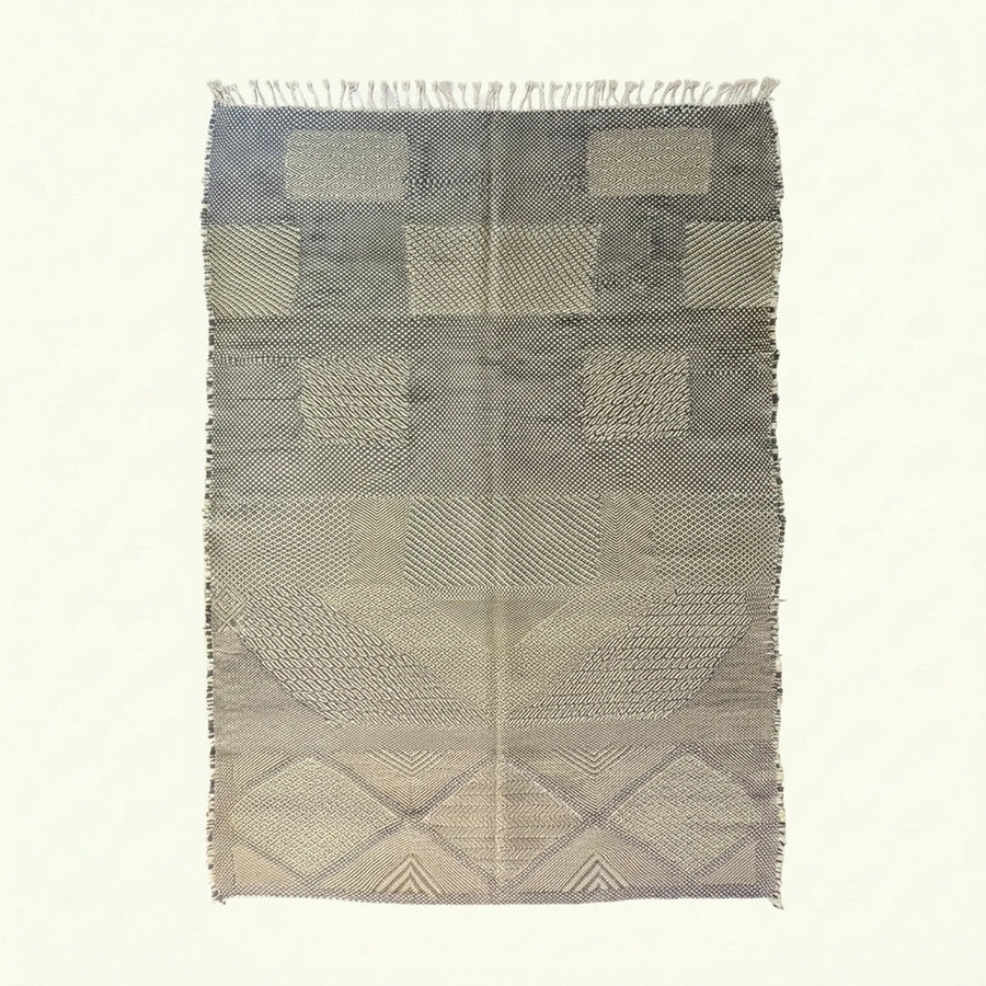 Gray Zanafi kilim rug Tadart with geometric patchwork, full rug view