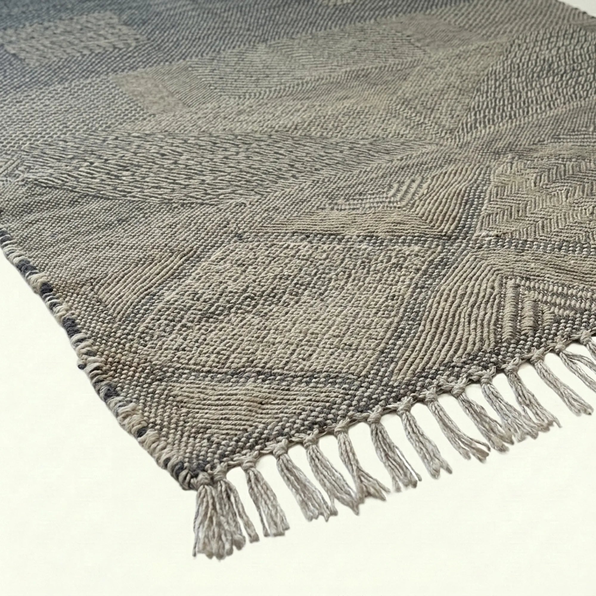 Gray Zanafi kilim rug Tadart with geometric patchwork, weave detail