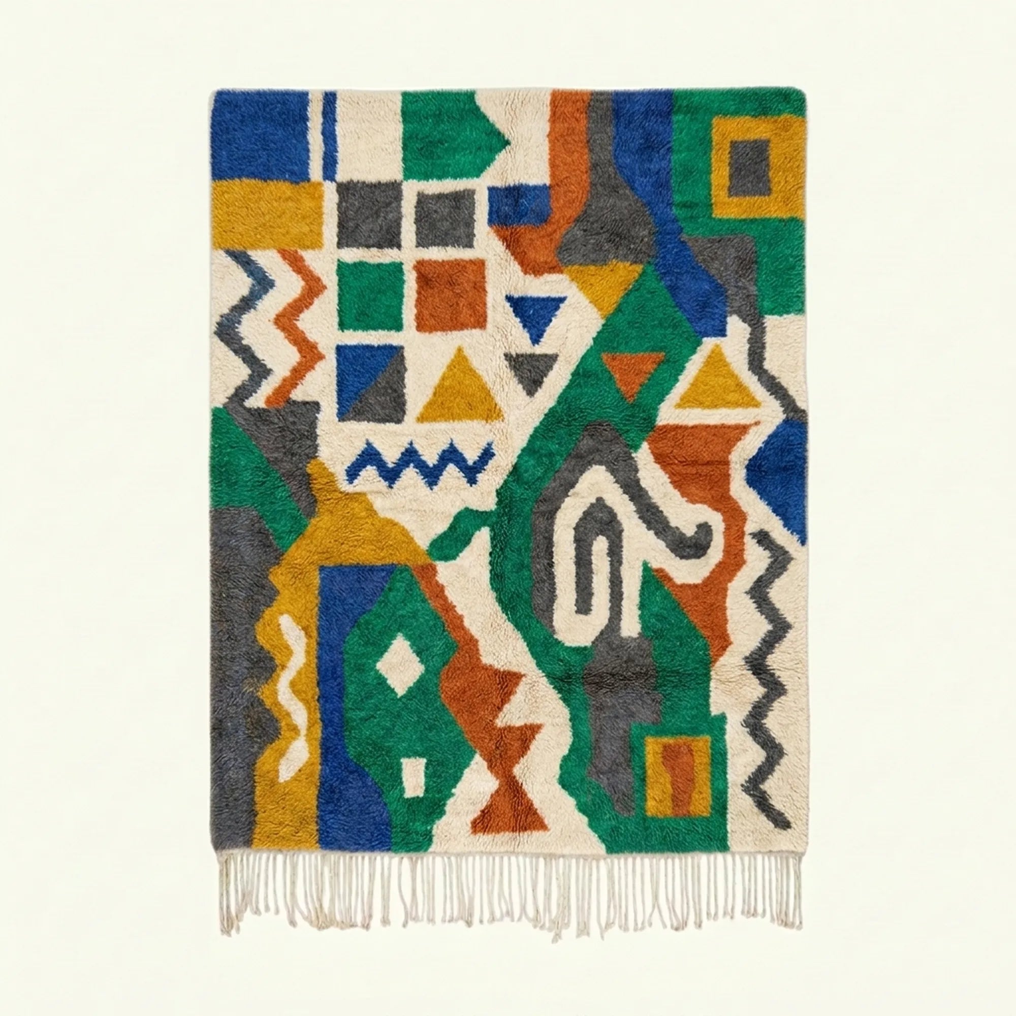 Full view of the Awragh Boujaad rug in green, mustard, cobalt, terracotta and cream with symbolic geometric patchwork