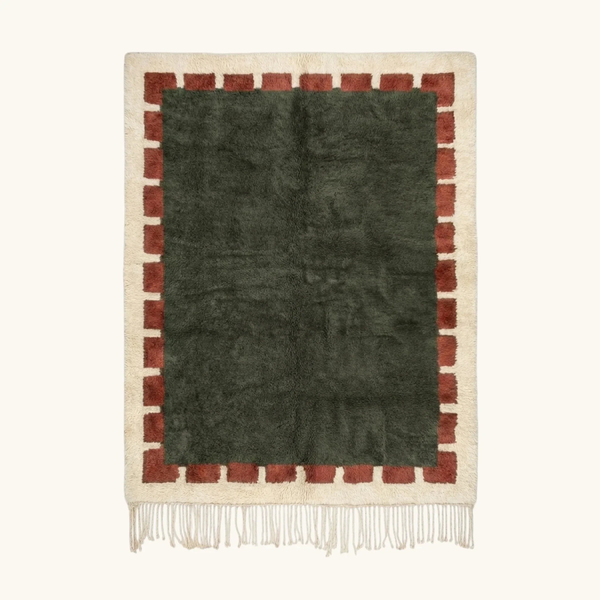Green and rust Beni Ourain rug, full view