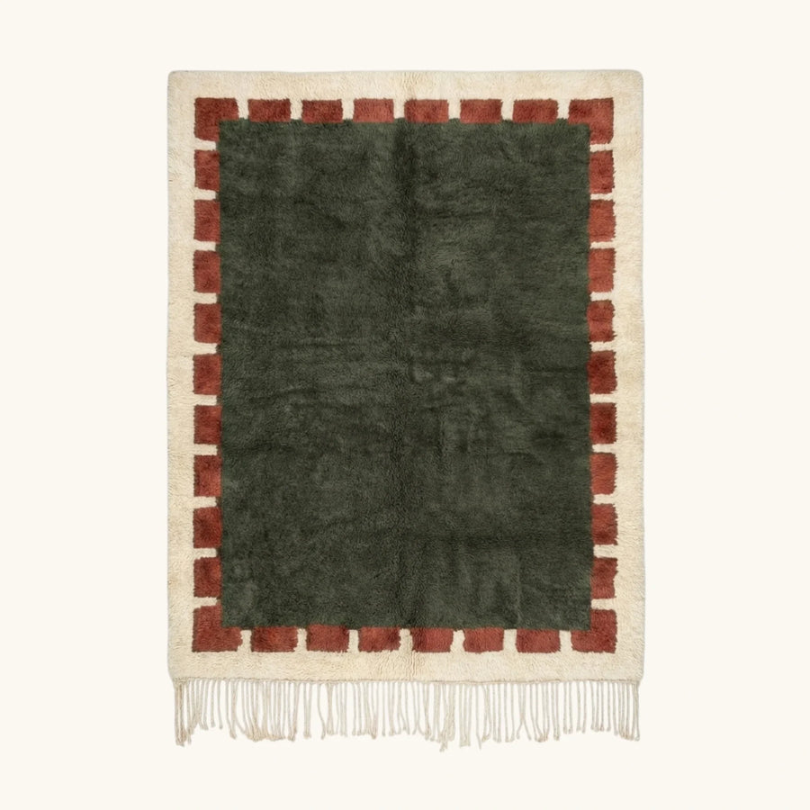 Green and rust Beni Ourain rug, full view
