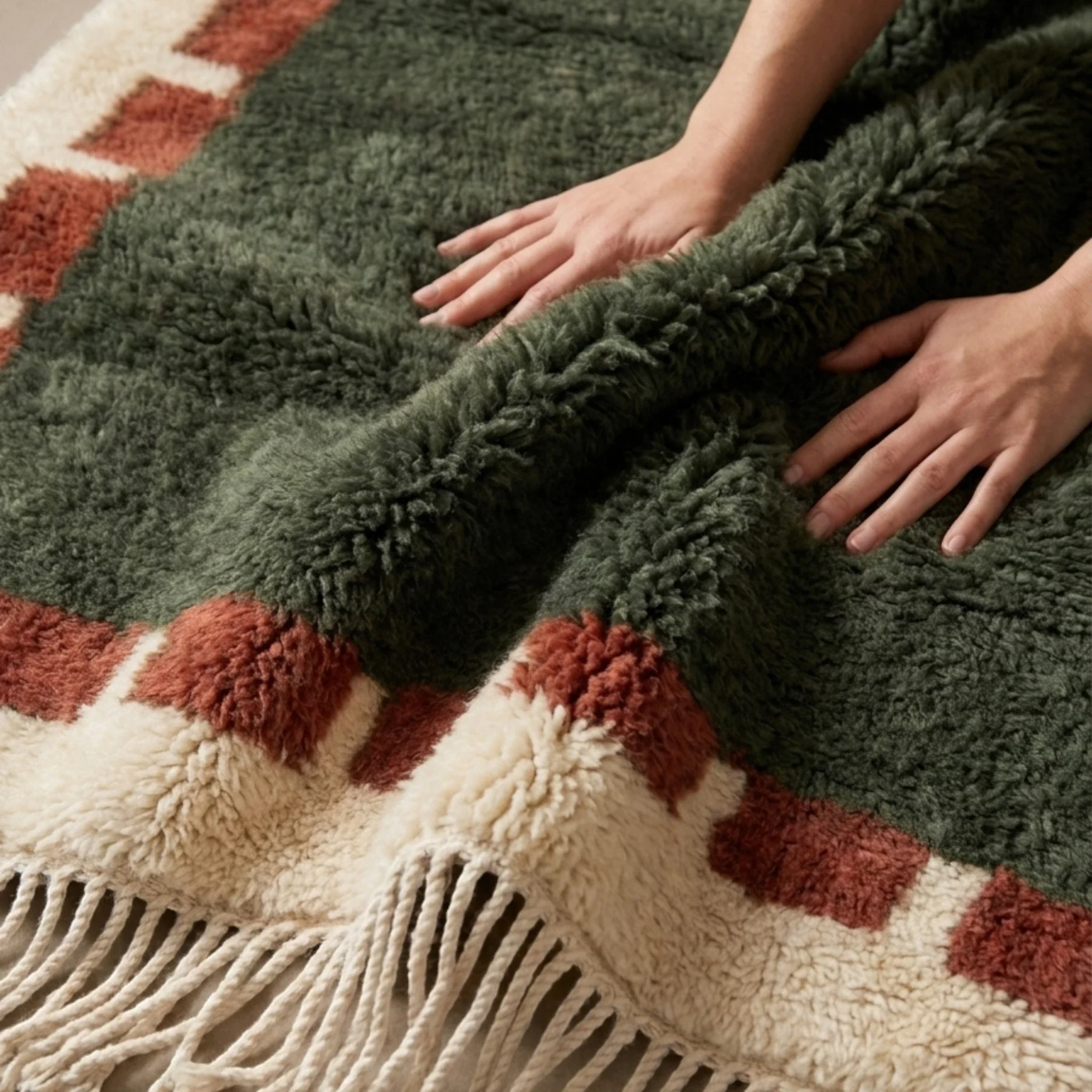 Green and rust Beni Ourain rug softness detail