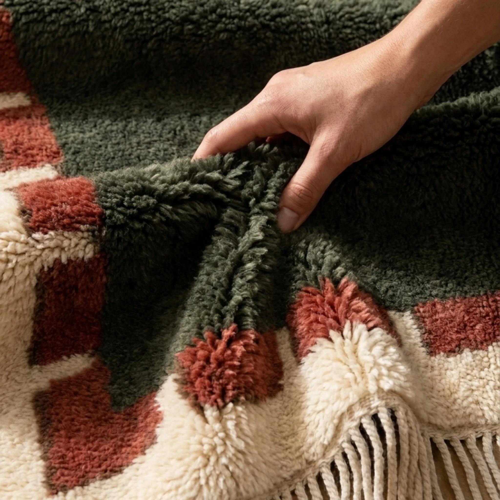Green and rust Beni Ourain rug softness detail