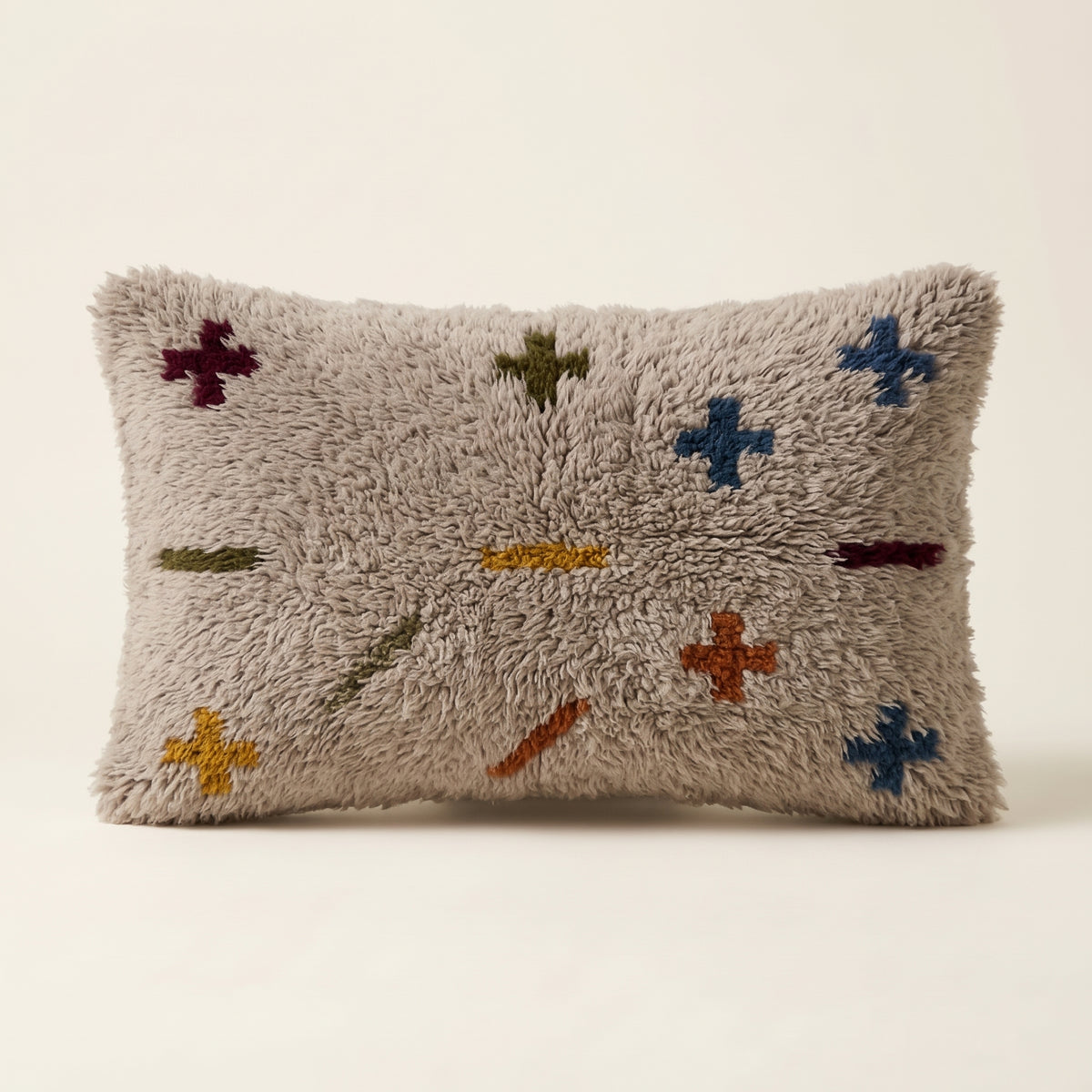 Grey & Multicolor Moroccan wool lumbar pillow, Cross Dash design, 14 x 24 in