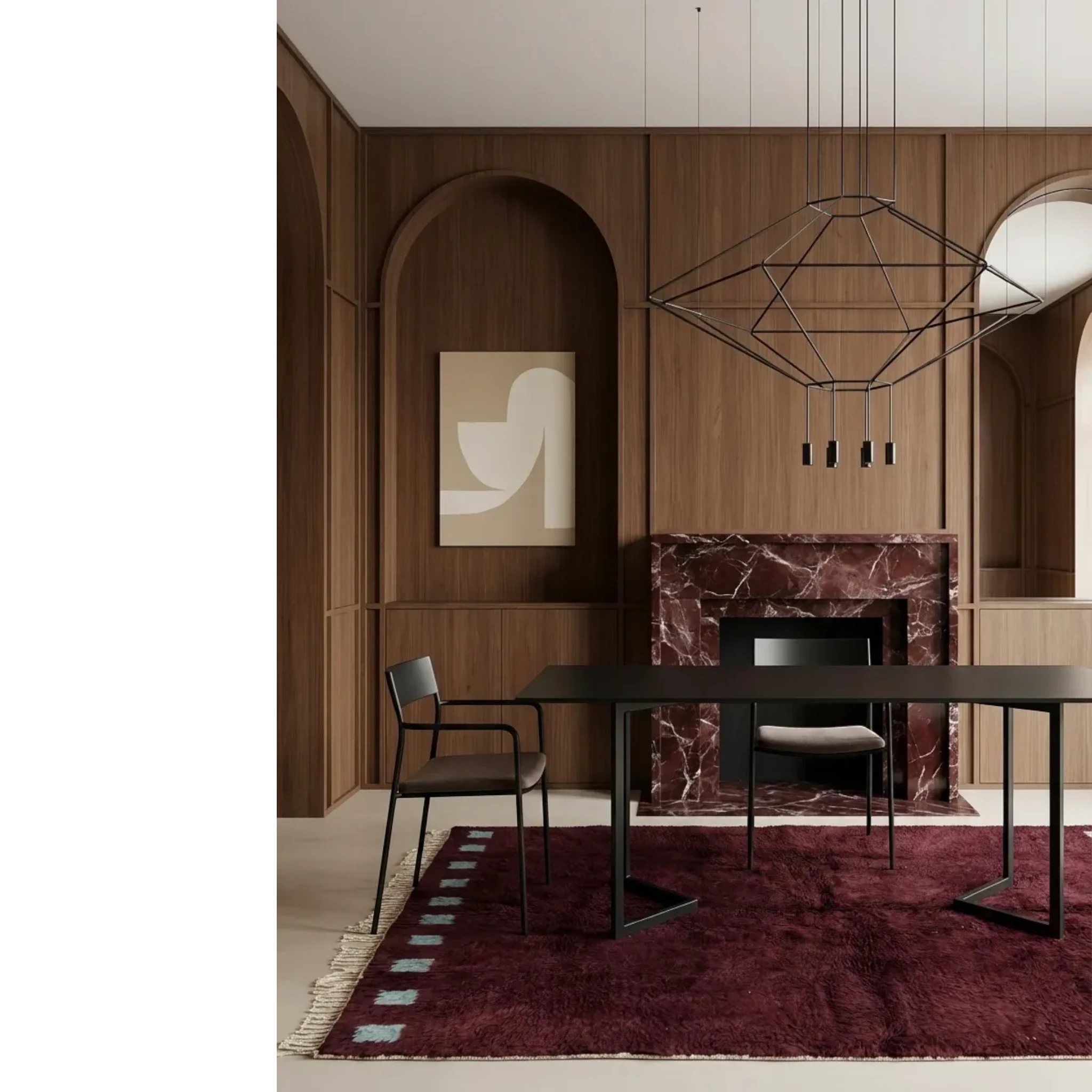 Idir burgundy Beni Ourain rug styled in a richly layered contemporary interior.