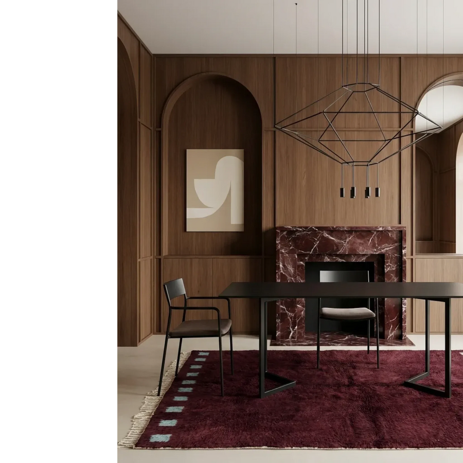 Idir burgundy Beni Ourain rug styled in a richly layered contemporary interior.