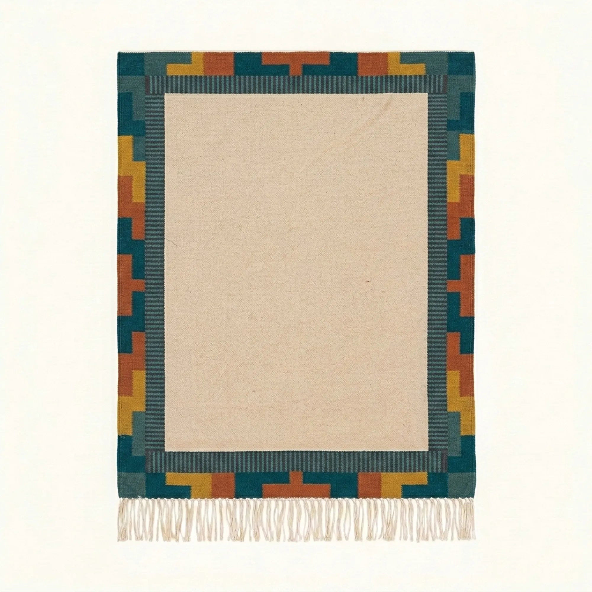 Ivory, teal and rust Zanafi rug Ighir with color-block border design, full rug view