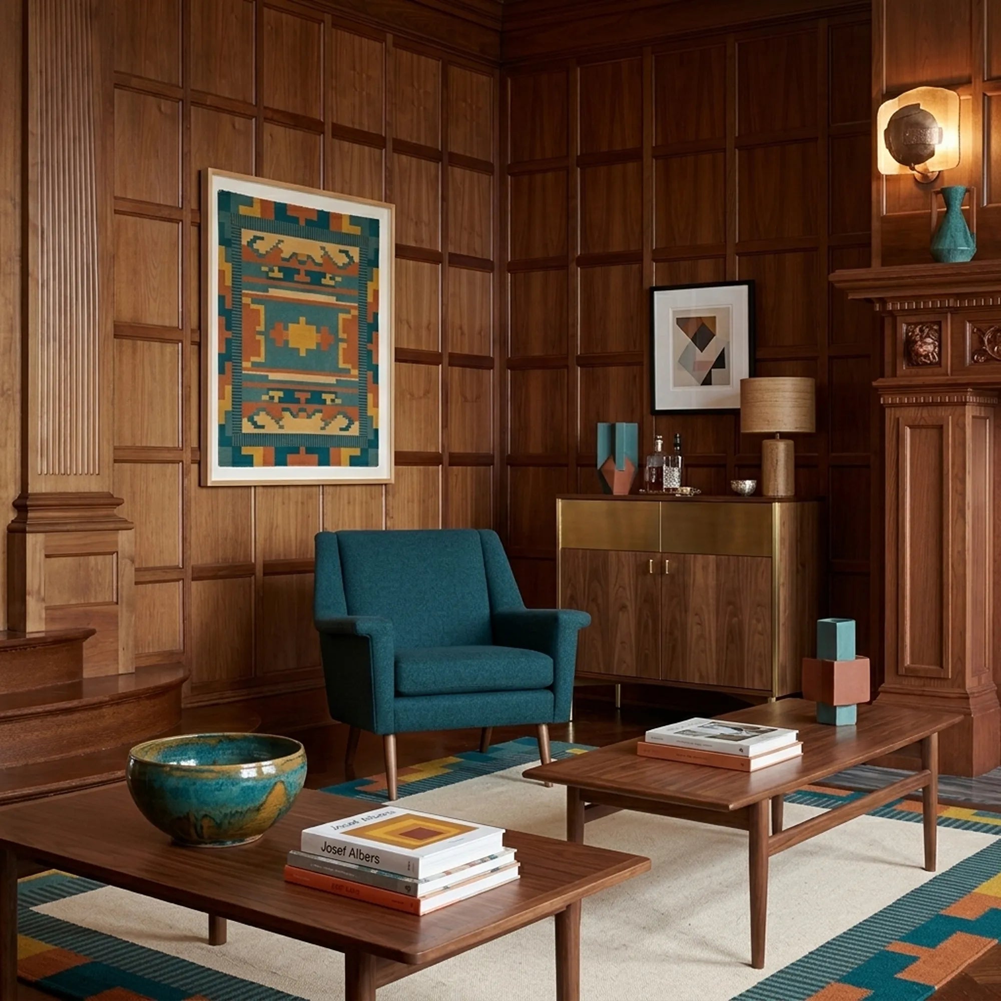 Ivory, teal and rust Zanafi rug Ighir with color-block border design, lifestyle room view