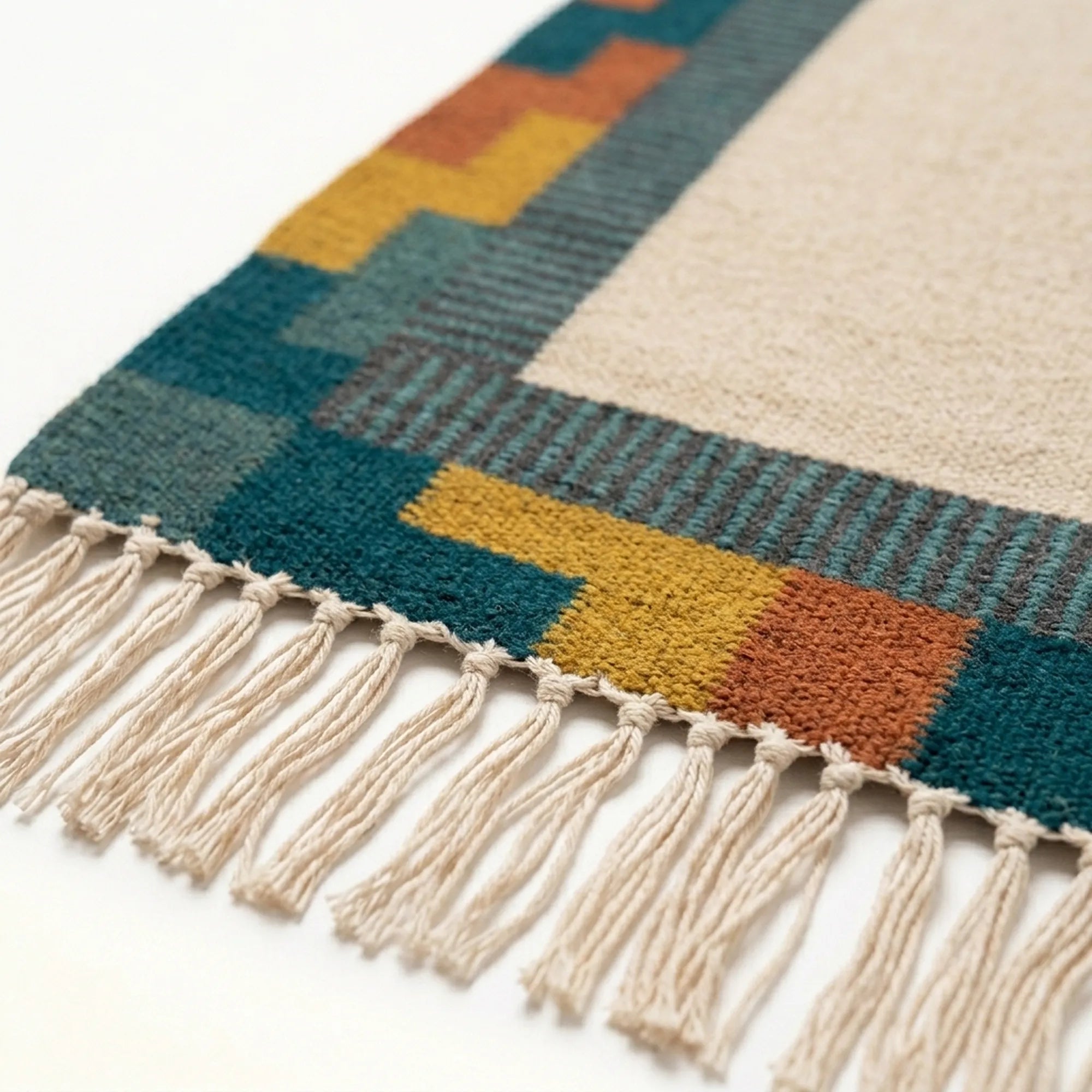 Ivory, teal and rust Zanafi rug Ighir with color-block border design, border and fringe detail