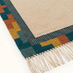 Ivory, teal and rust Zanafi rug Ighir with color-block border design, pattern close-up