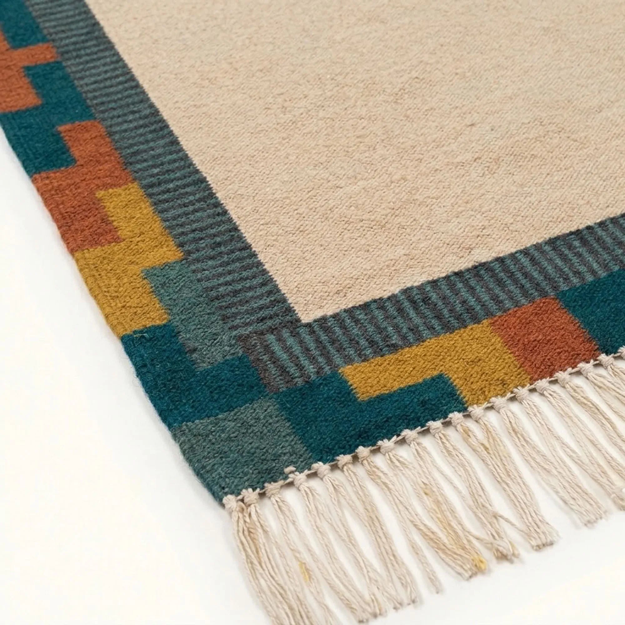 Ivory, teal and rust Zanafi rug Ighir with color-block border design, pattern close-up