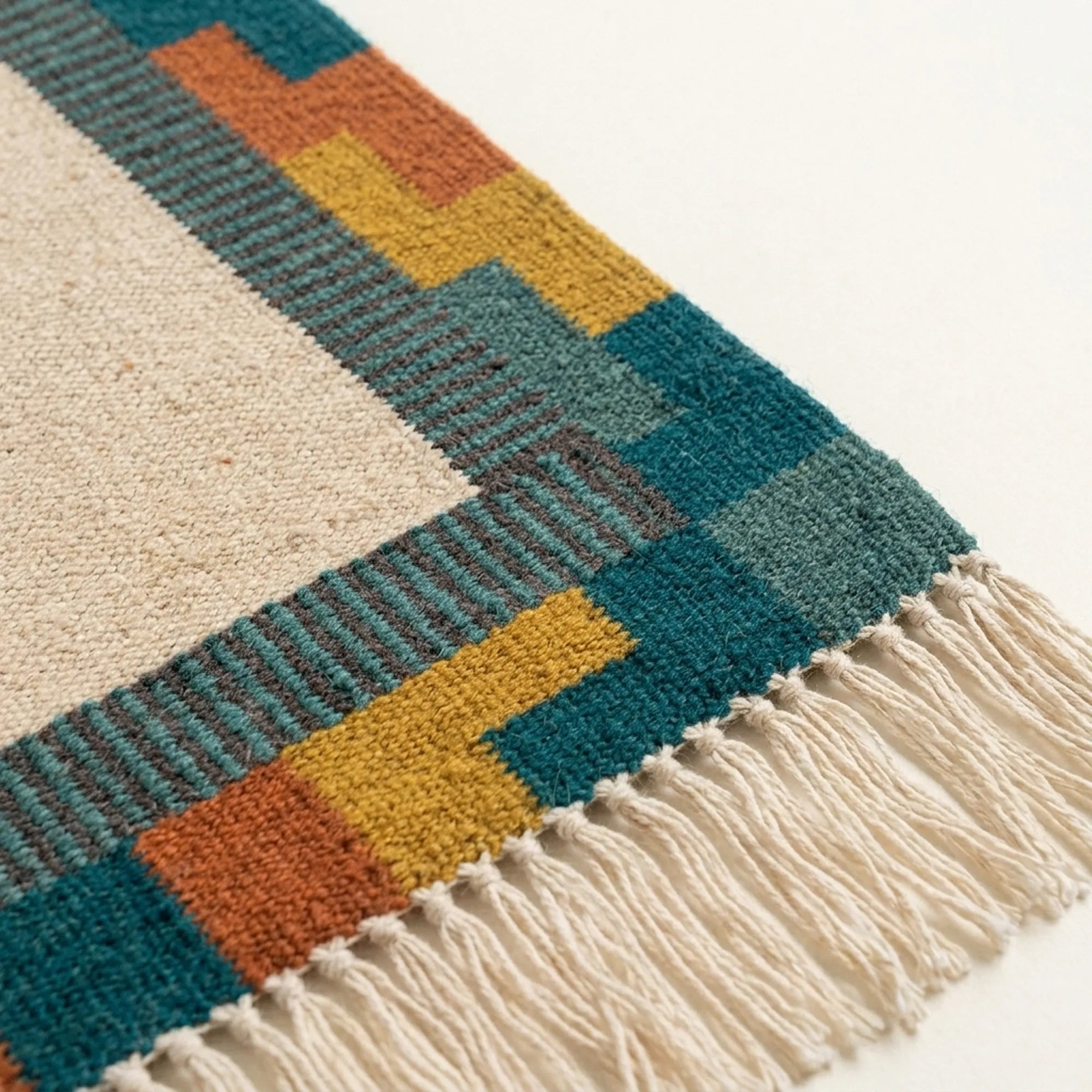 Ivory, teal and rust Zanafi rug Ighir with color-block border design, weave and fringe detail