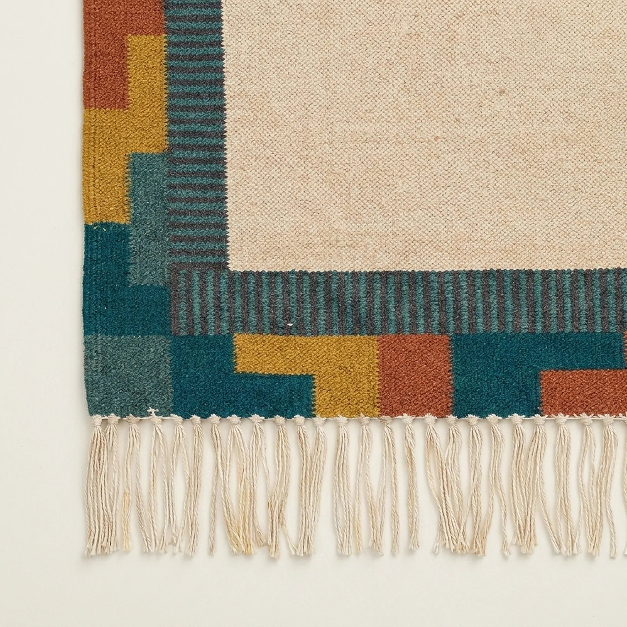 Ivory, teal and rust Zanafi rug Ighir with color-block border design, additional border detail