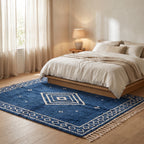 Indigo and Ivory Beni Ourain rug in bedroom, placed beside wooden bed with cream linens