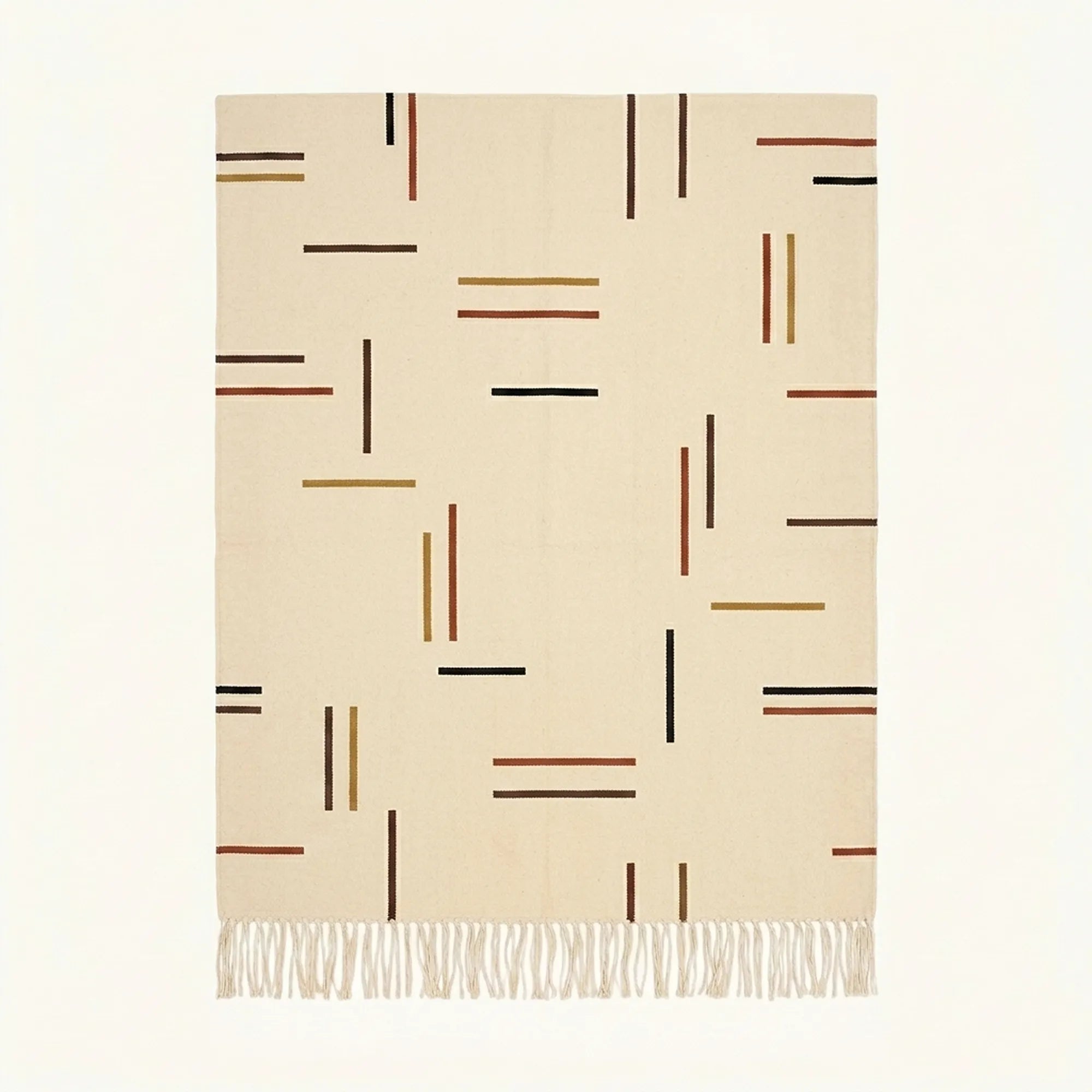 Ivory Zanafi Kilim rug Irherm with scattered multicolor linear dashes, full rug view