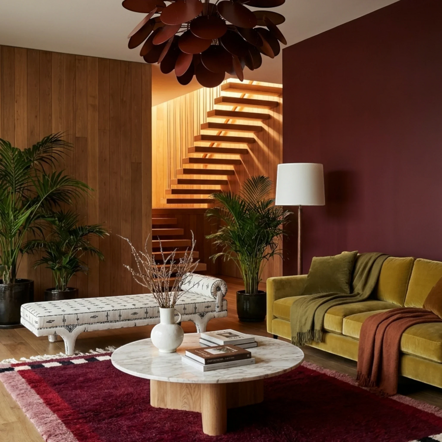 Itran burgundy Beni Ourain rug in a luxurious modern interior
