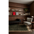 Itri green Beni Ourain rug styled in an organic contemporary living room.