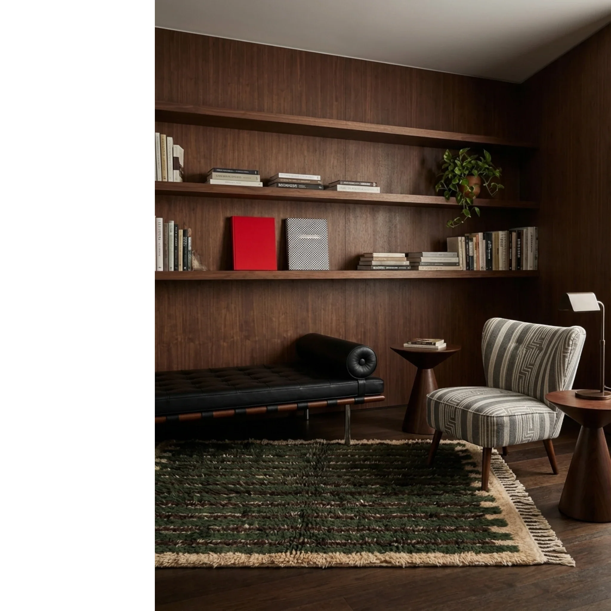 Itri green Beni Ourain rug styled in an organic contemporary living room.