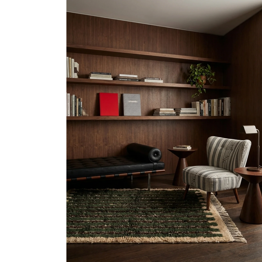 Itri green Beni Ourain rug styled in an organic contemporary living room.