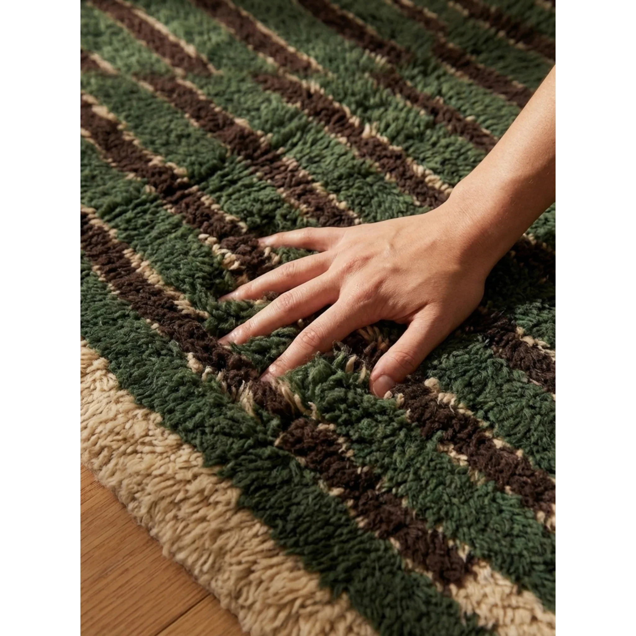 Soft hand-knotted wool texture of the Itri green Moroccan rug.