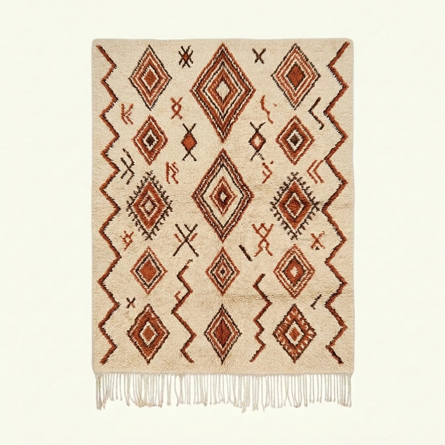 Ivory Azilal rug Adrar with rust diamond pattern, full rug view