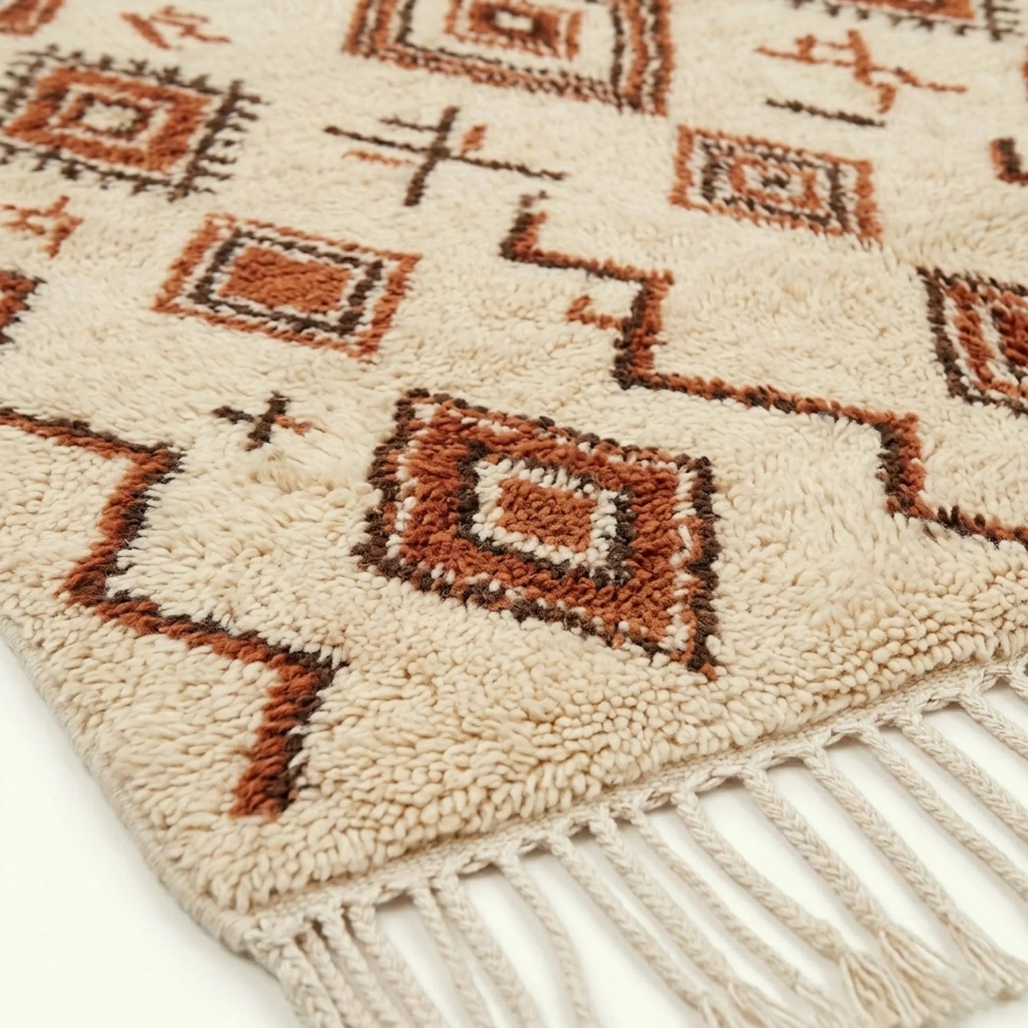 Ivory Azilal rug Adrar with rust diamond pattern, border detail