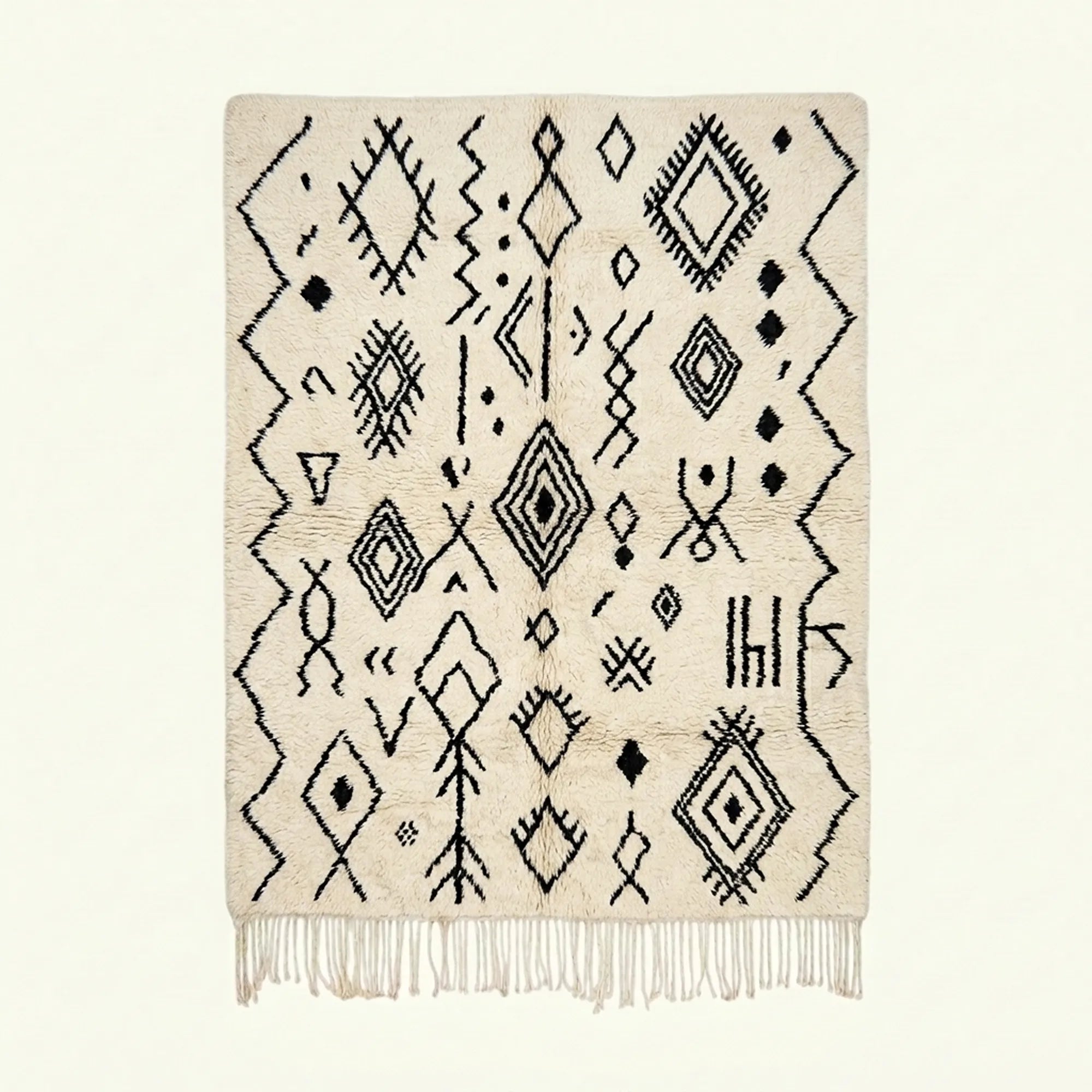 Ivory Azilal rug Afelki with black tribal pattern, full rug view