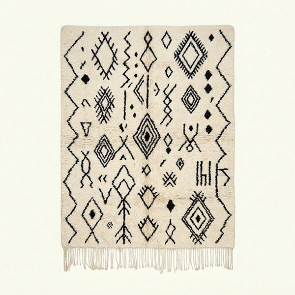 Tapis Azilal Ivoire – Motif tribal noir – Afelki