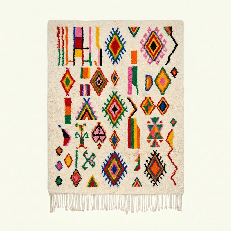 Ivory Azilal rug Afella with vivid multicolor symbols, full rug view