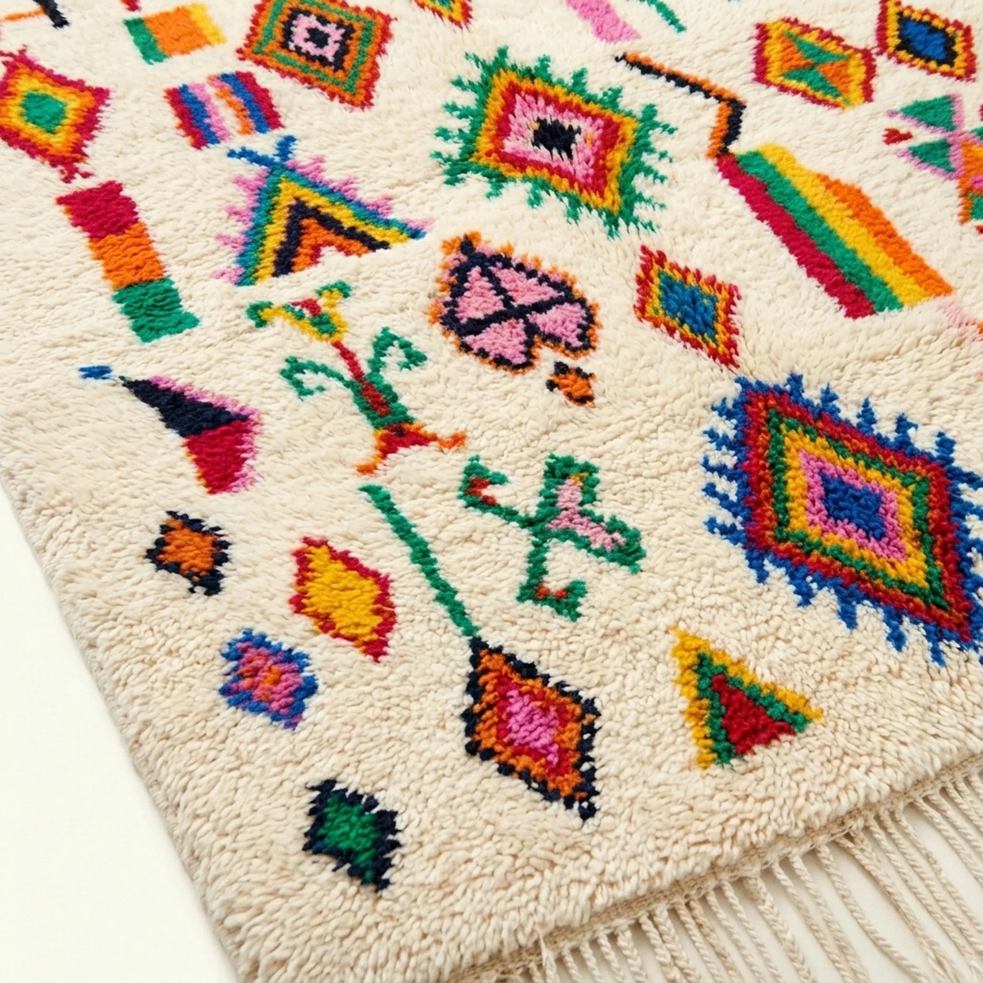 Ivory Azilal rug Afella with vivid multicolor symbols, pattern detail