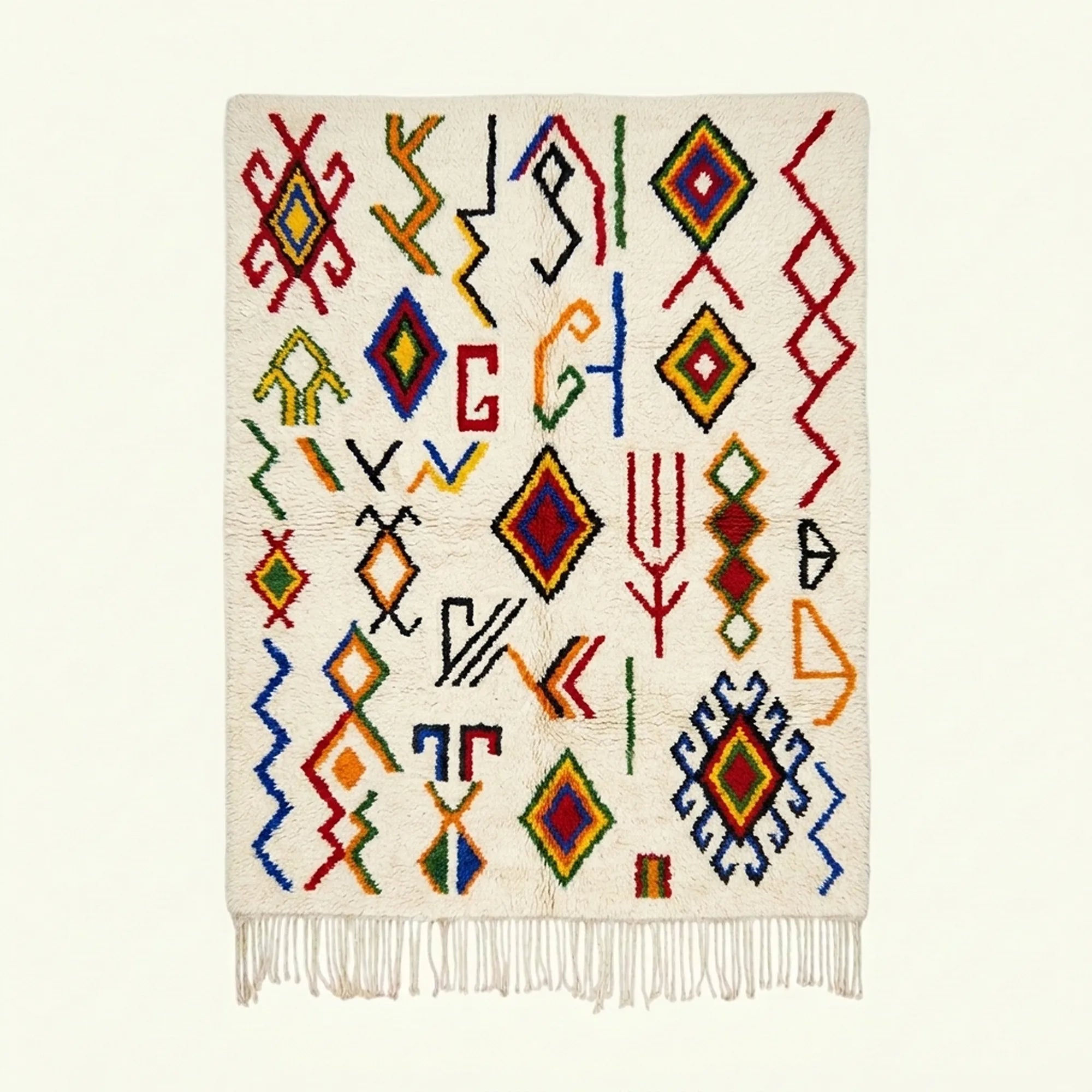 Ivory Azilal rug Amayas with abstract symbol pattern, full rug view