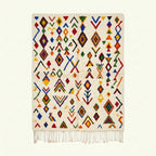 Ivory Azilal rug Amezri with multicolor symbol mosaic, full rug view
