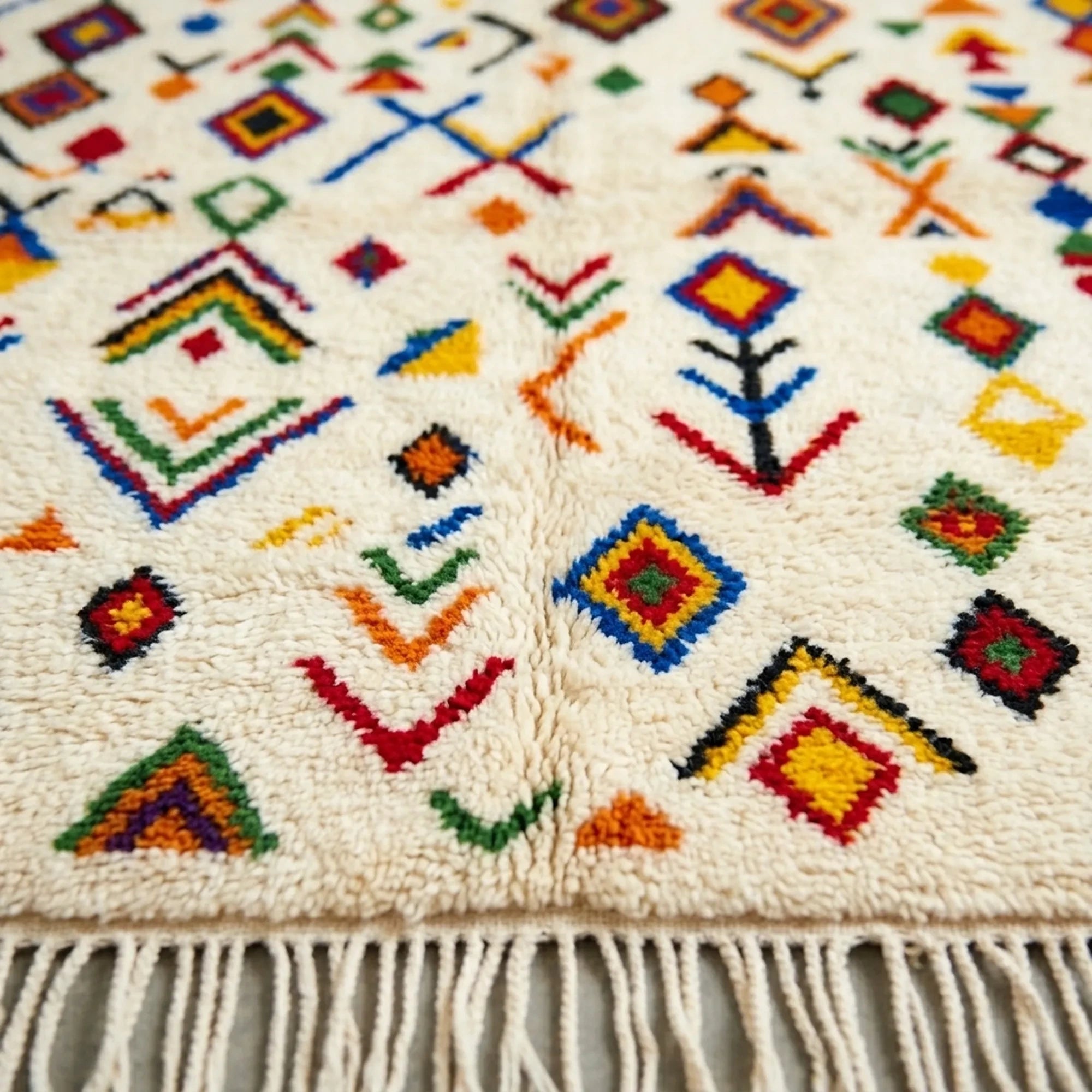 Ivory Azilal rug Amezri with multicolor symbol mosaic, pattern detail