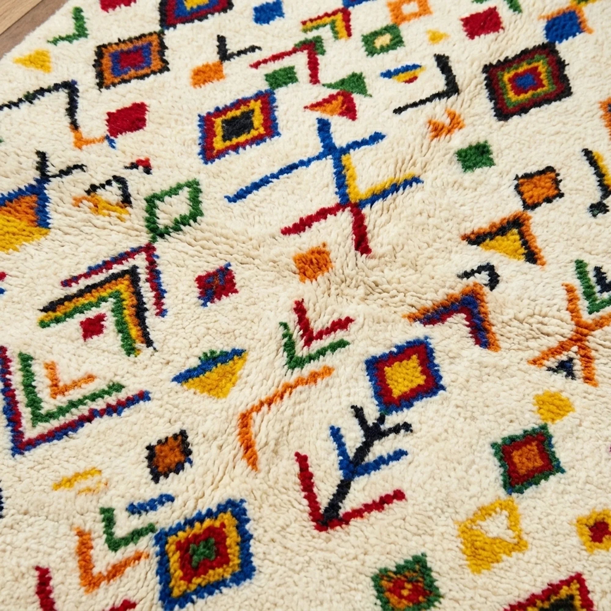 Ivory Azilal rug Amezri with multicolor symbol mosaic, fringe detail