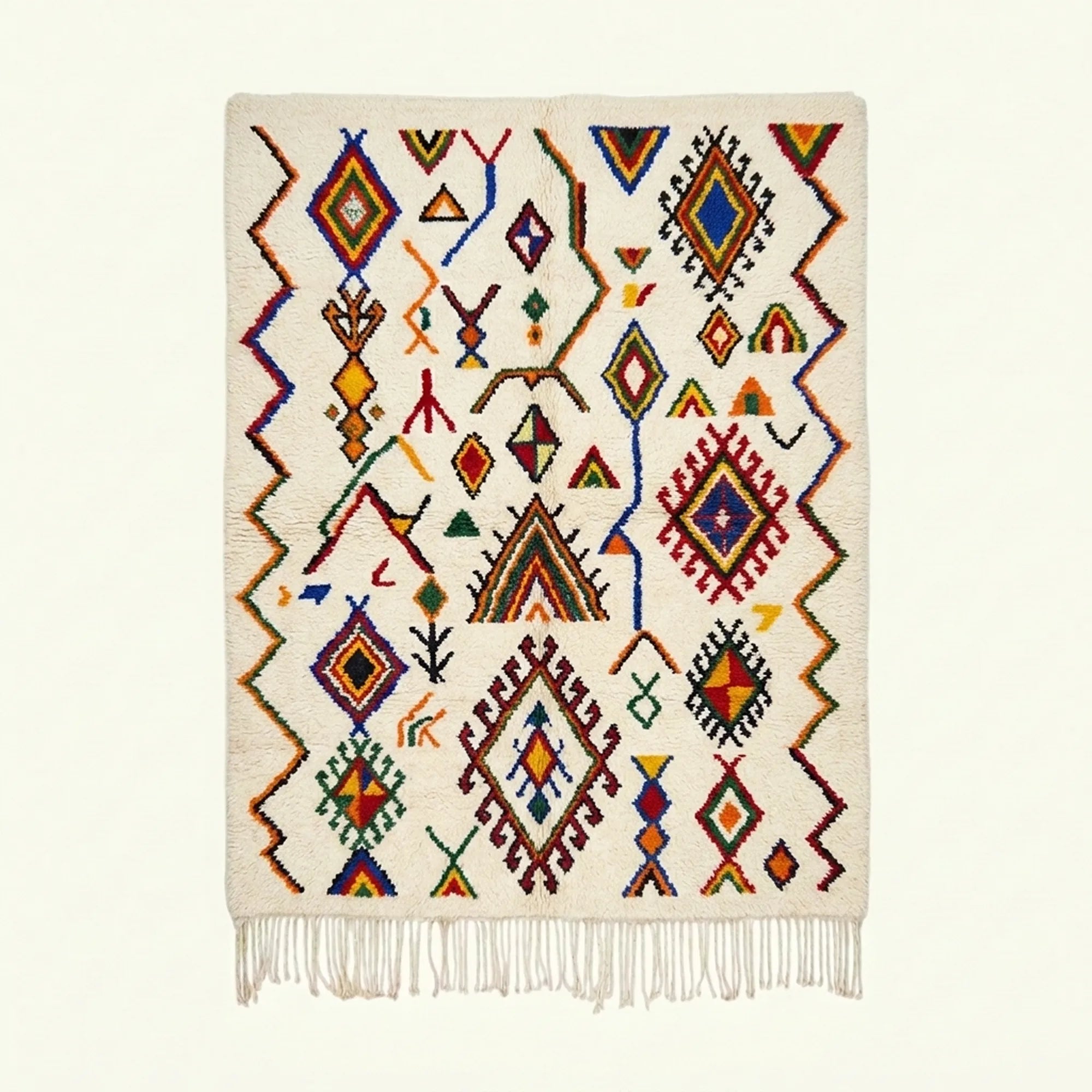 Ivory Azilal rug Asefru with tribal diamond pattern, full rug view