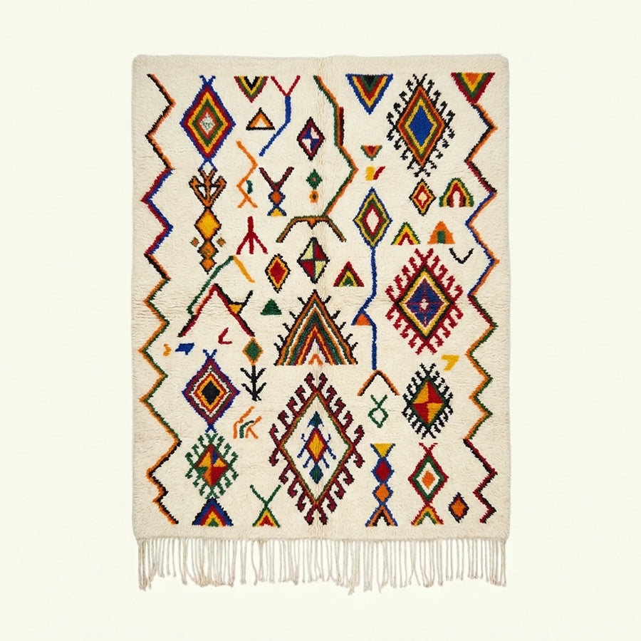 Ivory Azilal rug Asefru with tribal diamond pattern, full rug view