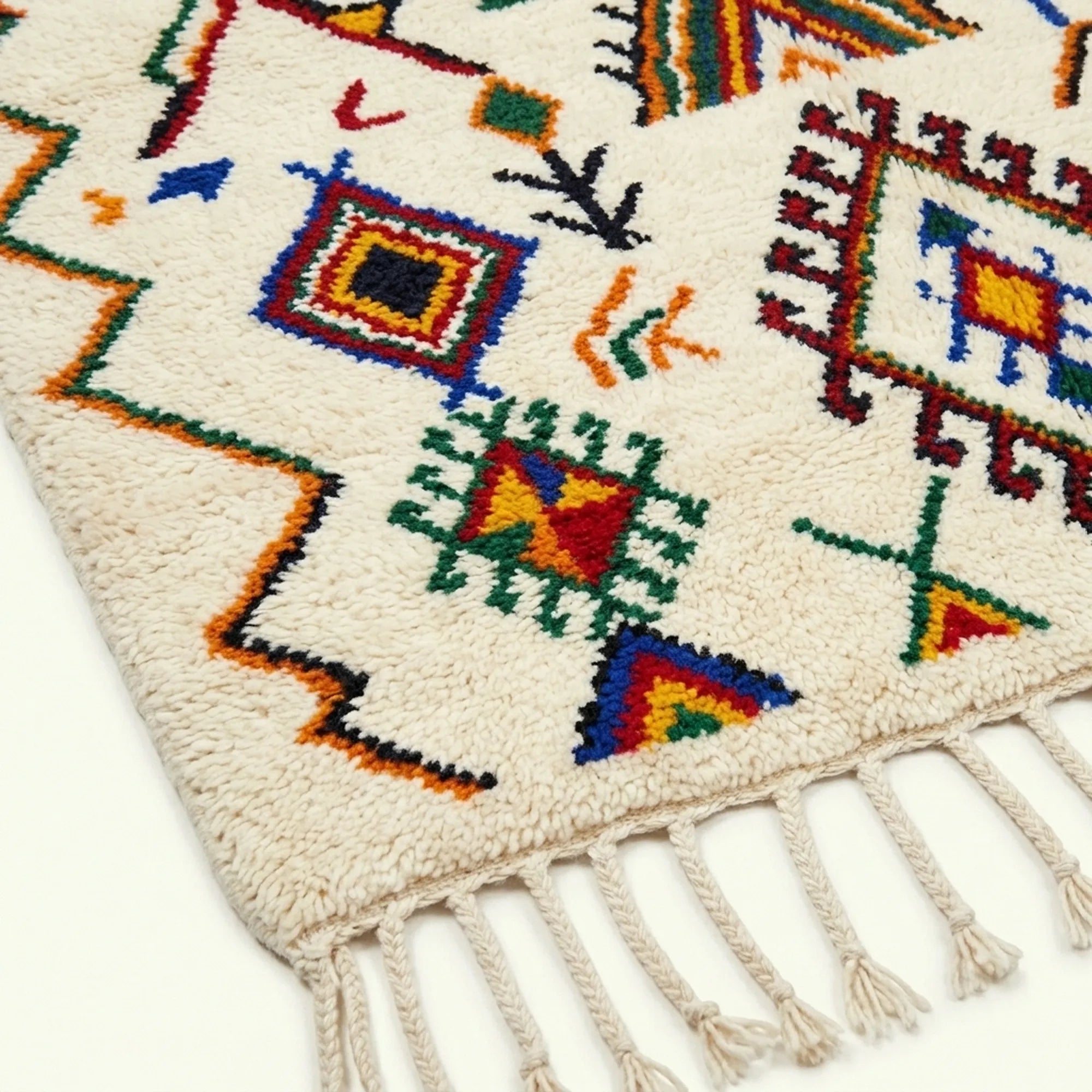 Ivory Azilal rug Asefru with tribal diamond pattern, additional detail view