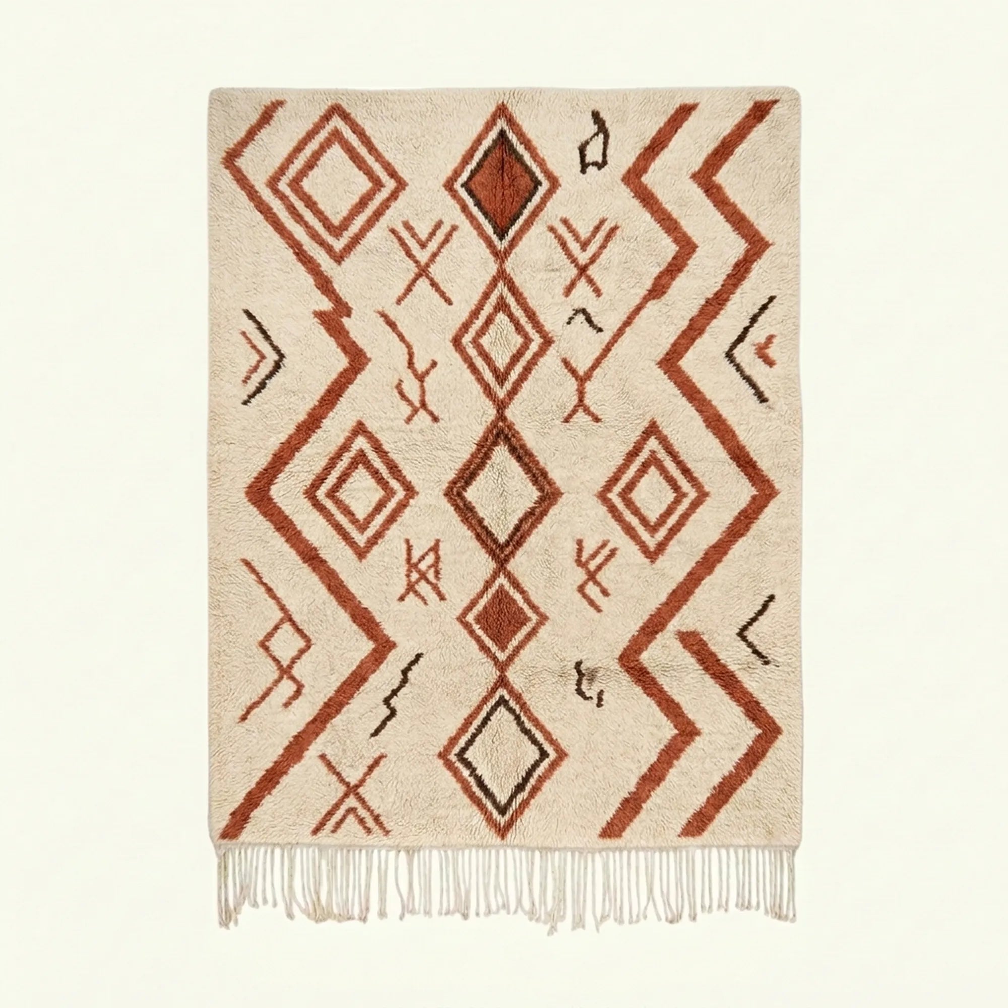 Ivory Azilal rug Assif with rust zigzag diamonds, full rug view