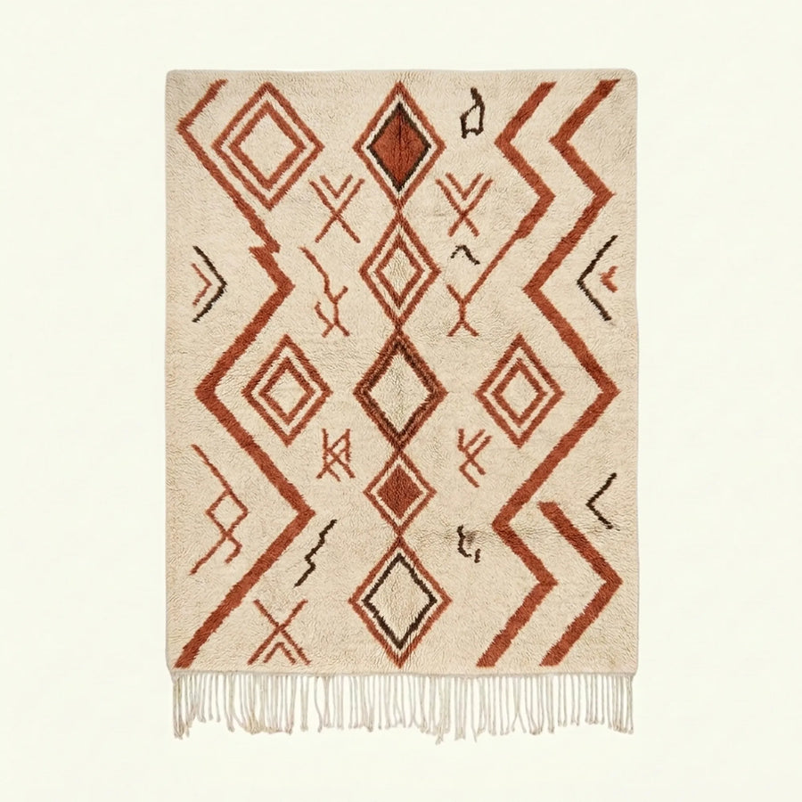 Ivory Azilal rug Assif with rust zigzag diamonds, full rug view