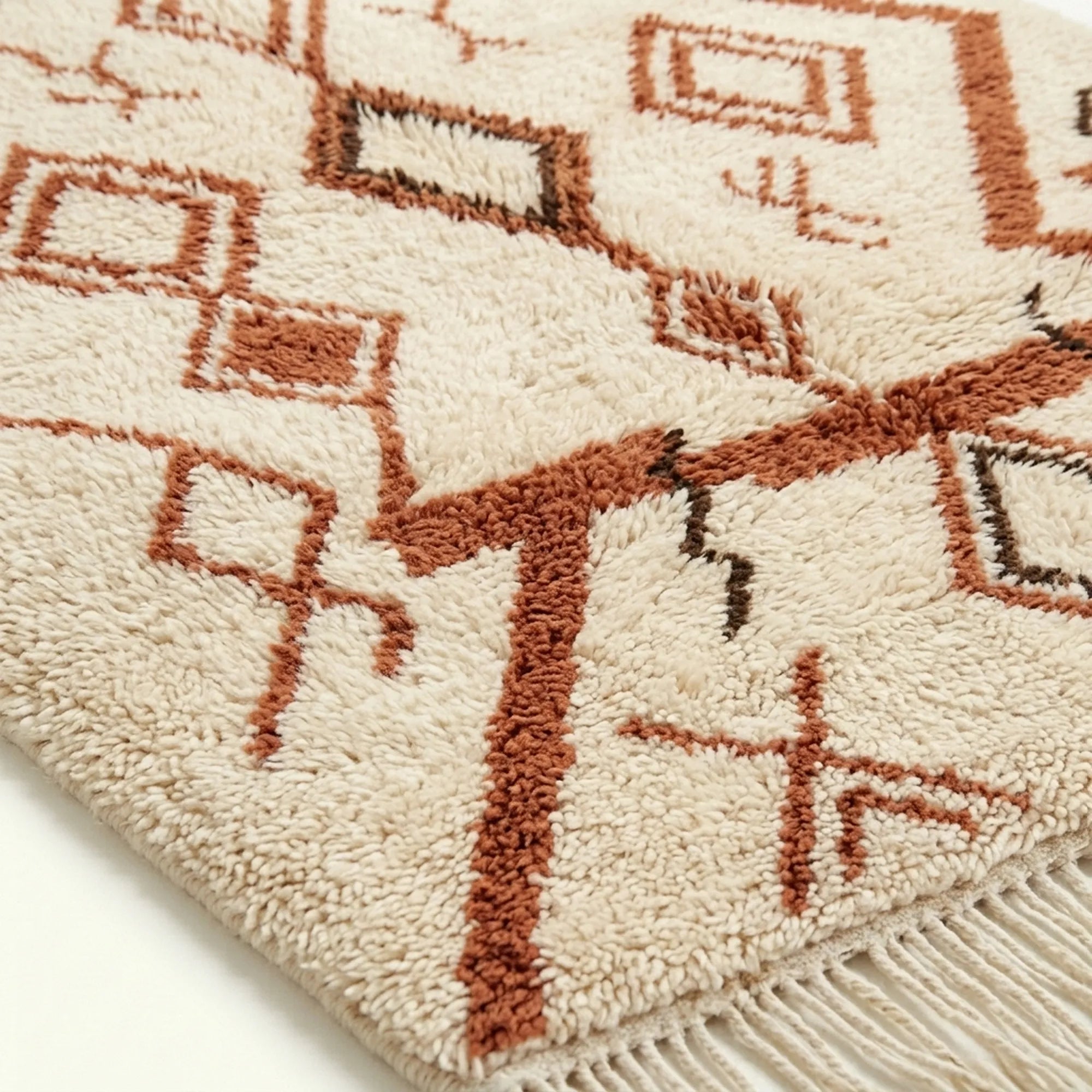 Ivory Azilal rug Assif with rust zigzag diamonds, pattern detail